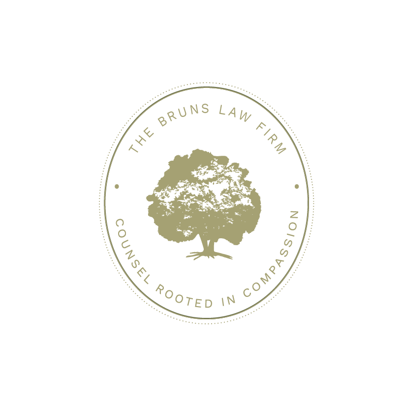 Logo for The Bruns Law Firm featuring a tree and the text 'The Bruns Law Firm, Counsel Rooted in Compassion' encircling the tree.