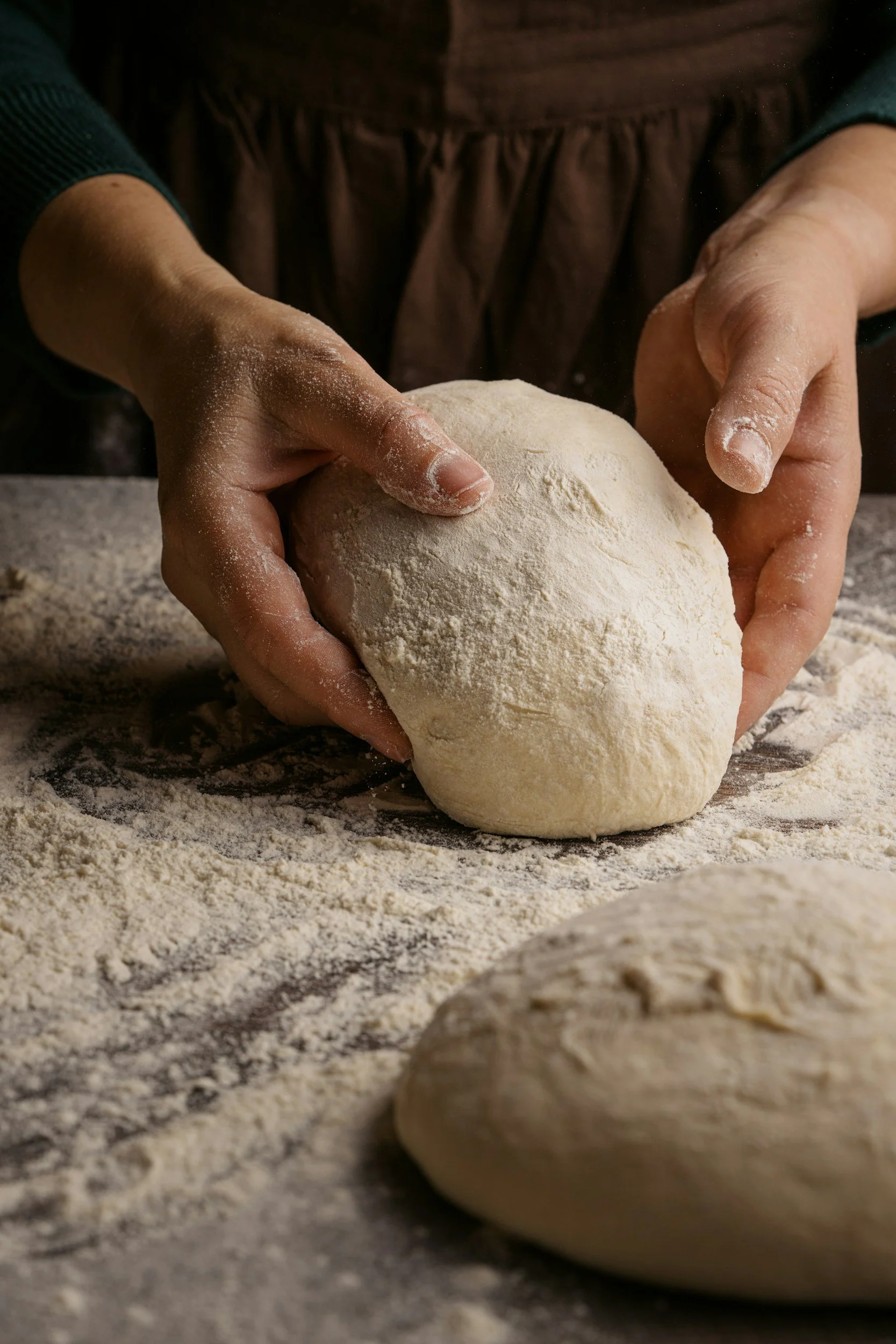 A person is making pizza or bread dough on the counter.
