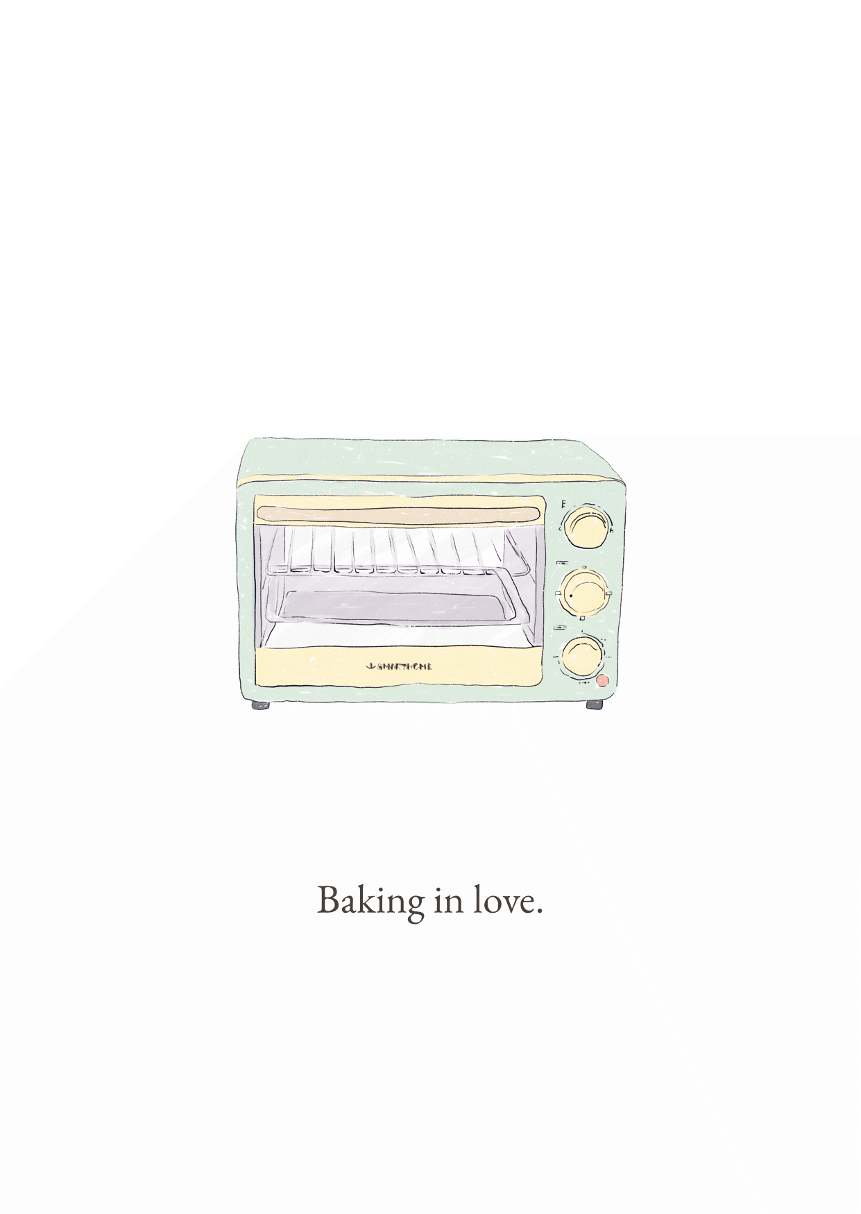 Pastel yellow green toaster oven with the words “Baking in love.”