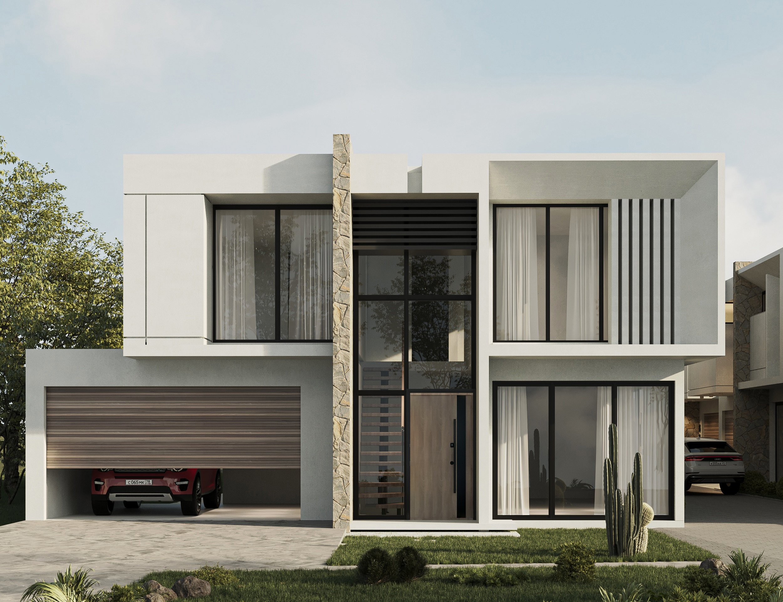Modern two-story house with large windows, a stone accent wall, and a garage with a red car inside. Front yard has cactus and green grass.