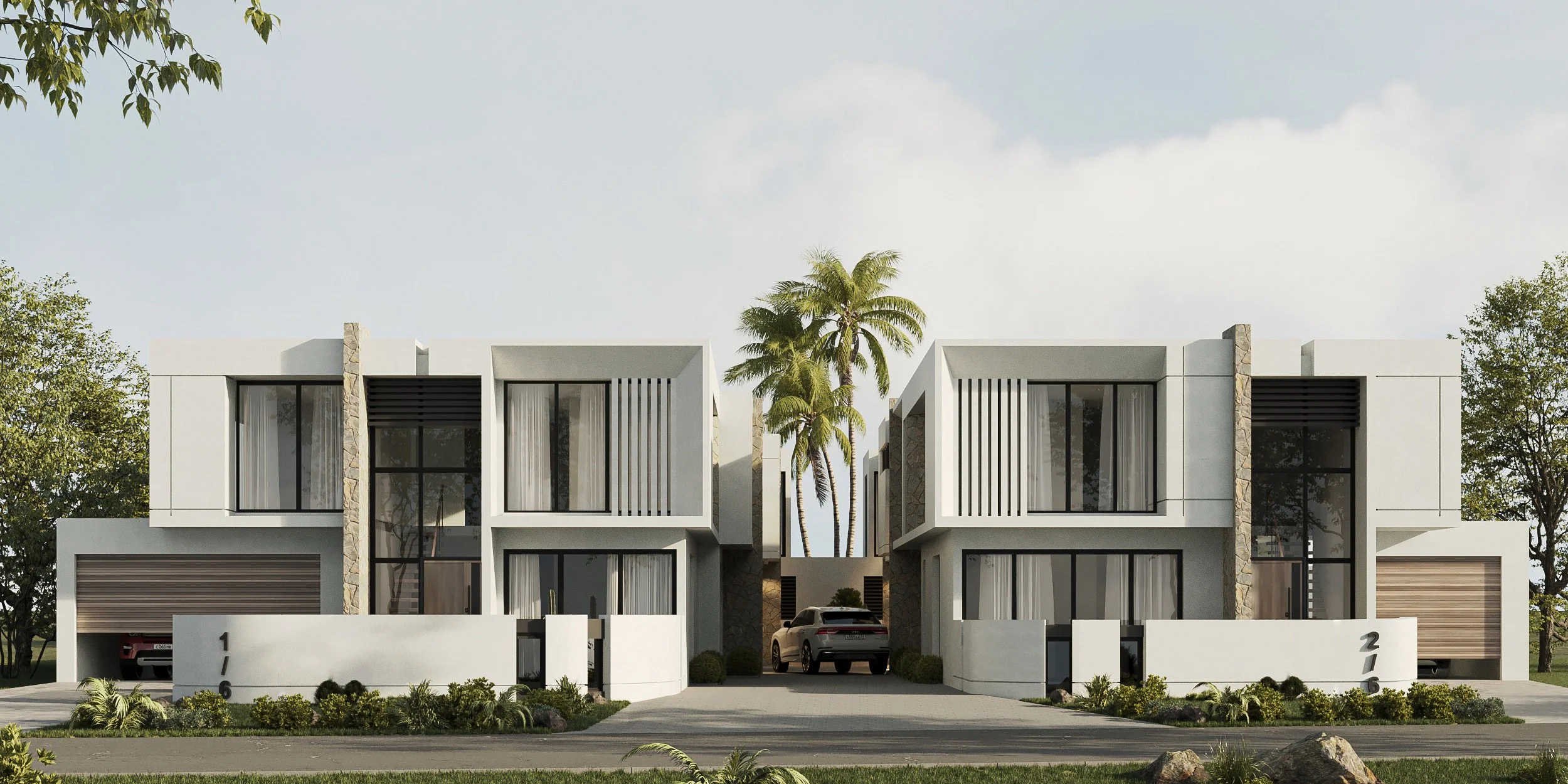Modern two-story white duplex homes with stone details, large windows, and cars in driveways, surrounded by landscaped yards with plants and trees.