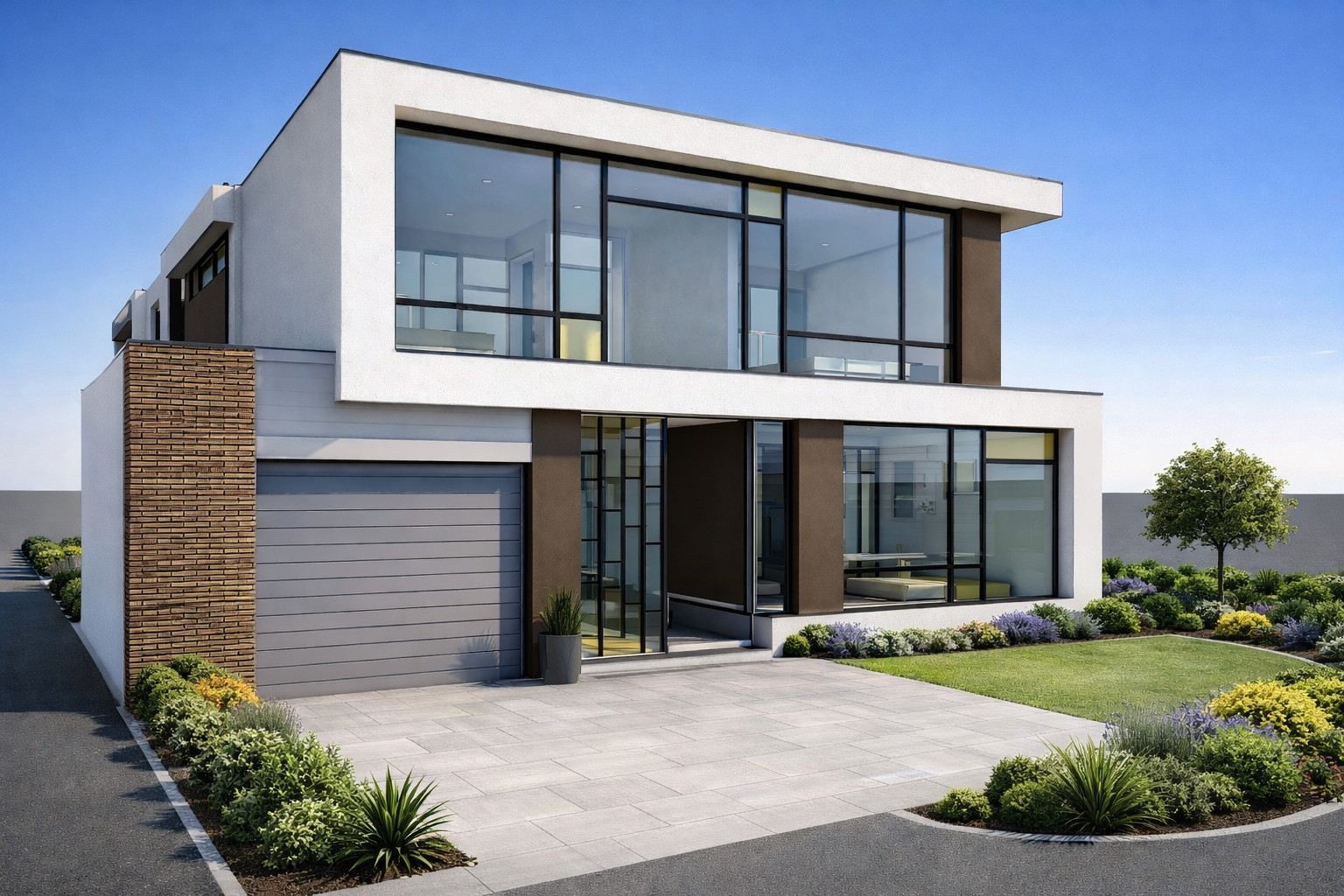 Modern two-story house with large glass windows, landscaped front yard, and driveway.