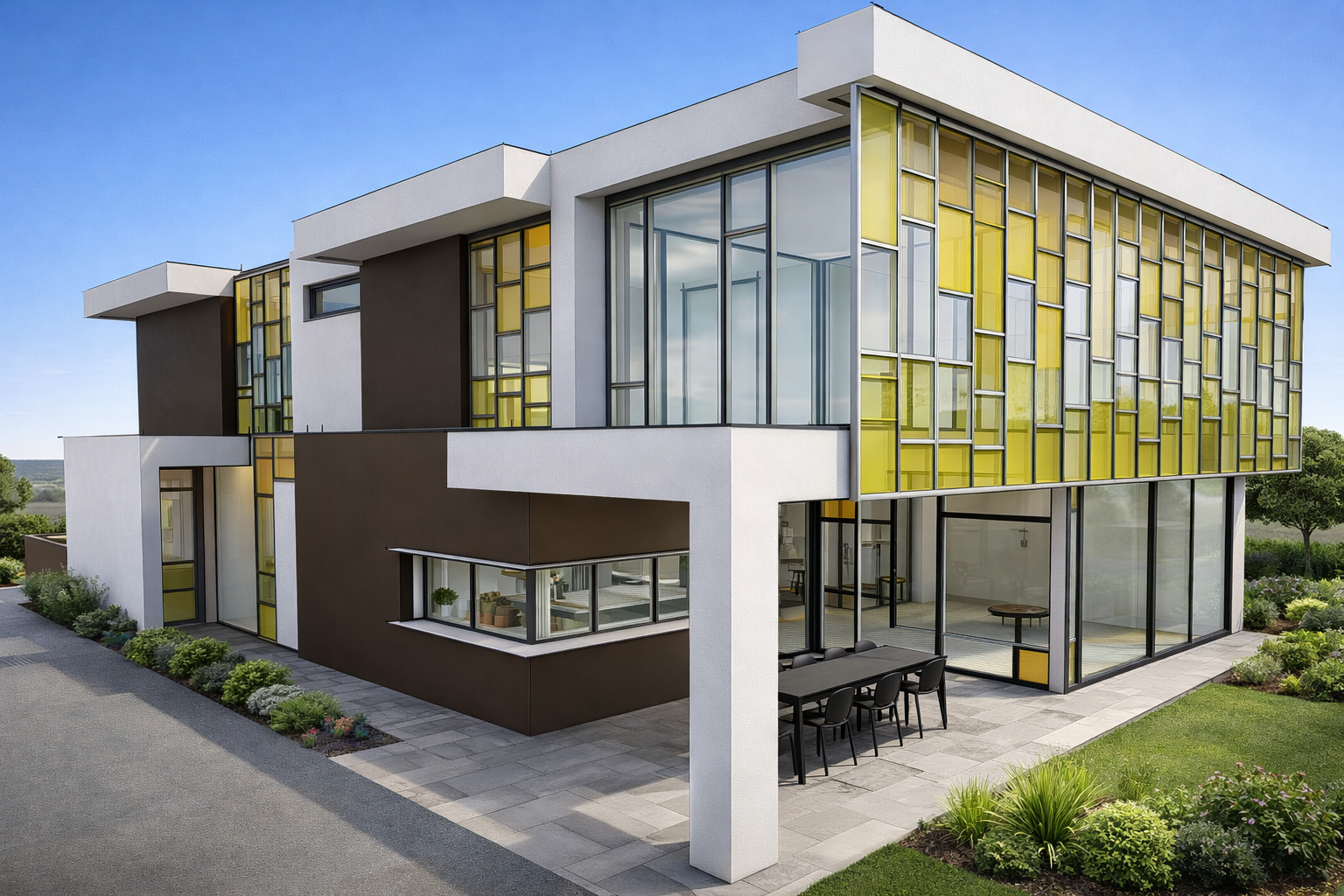 Modern multi-story building with large glass windows, accented by yellow and gray panels, and surrounded by landscaped greenery.