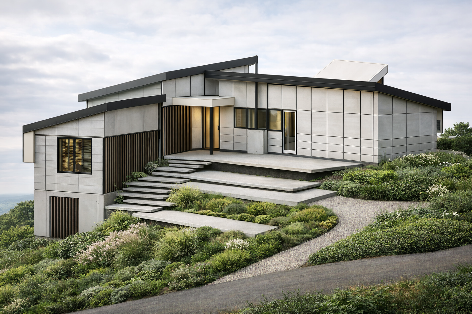 Modern house with geometric design, multiple levels, and landscaped garden with pathways.