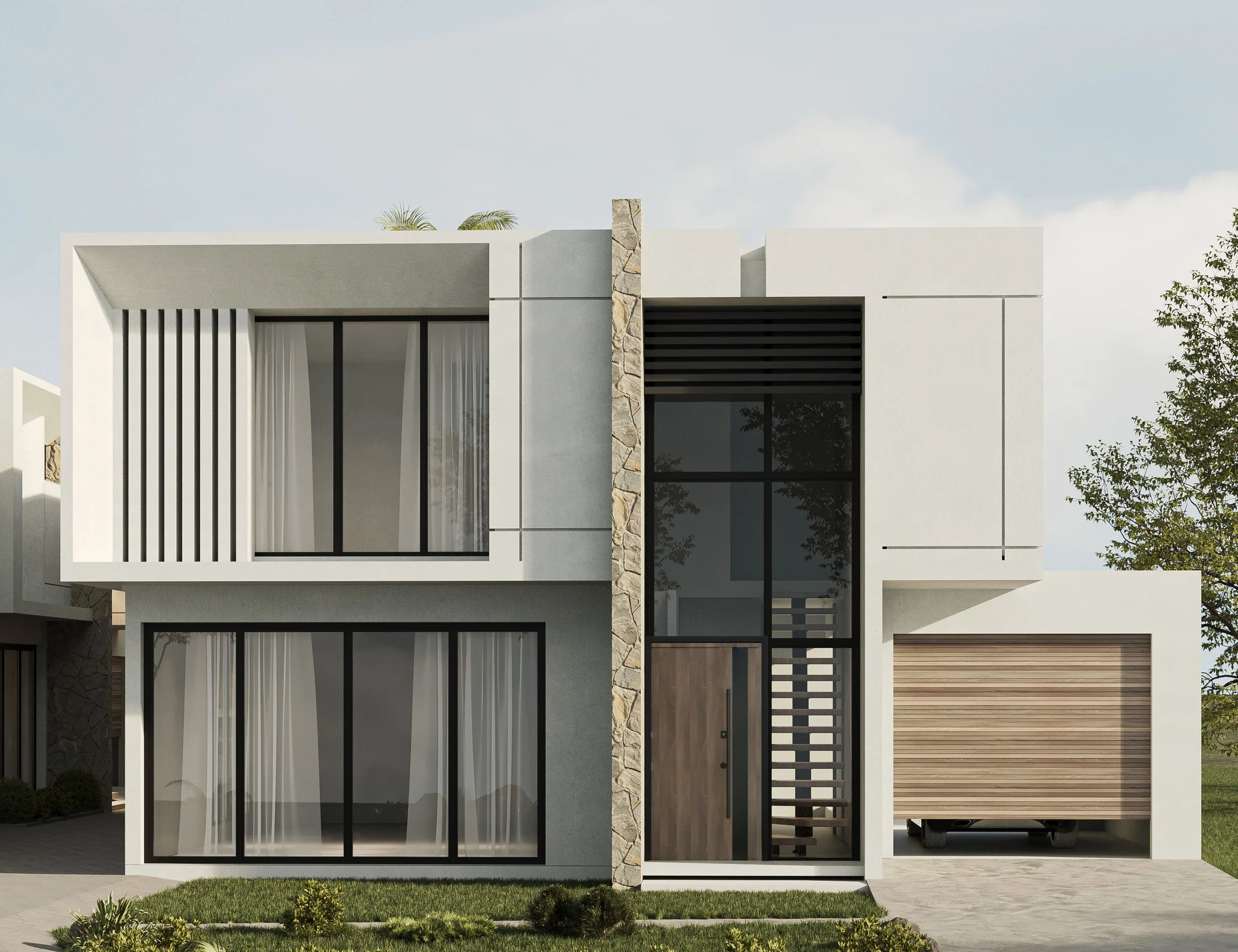 Modern two-story house with large windows, a stone accent wall, and a garage with a wooden door. The house features minimalist design elements with black accents and outdoor greenery.