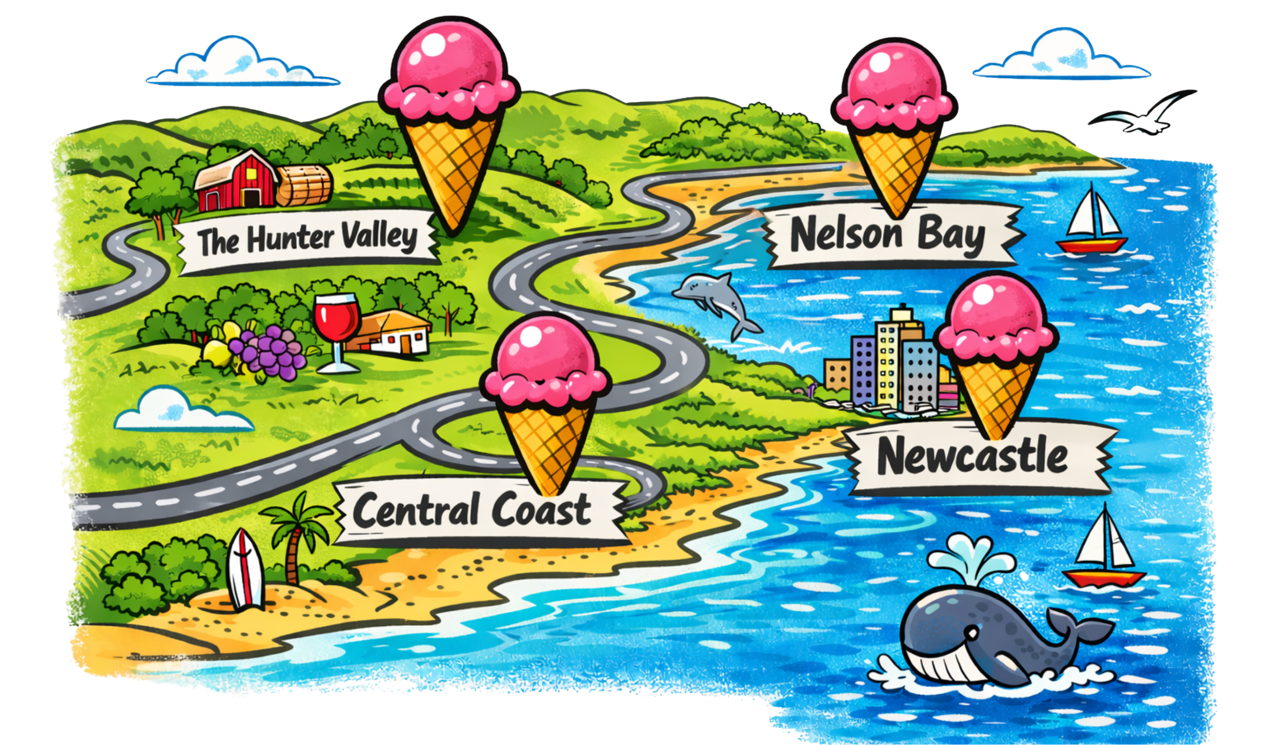 A colorful illustrated map featuring four main regions: The Hunter Valley, Nelson Bay, Central Coast, and Newcastle, each marked with a pink ice cream cone icon. The map includes landmarks like a red barn, a white house with a vineyard, a shopping mall, a sailboat, a whale, and a dolphin, along with roads, trees, a wine glass, a boat, and clouds, depicting a scenic coastal and rural area.