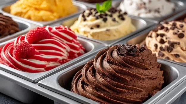 Assorted flavors of ice cream in metal containers, including chocolate, vanilla with toppings, and berry with raspberries.