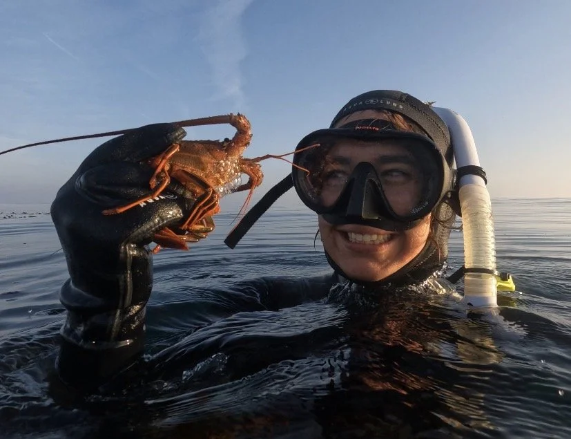 Person in scuba gear holding a lobster in the water