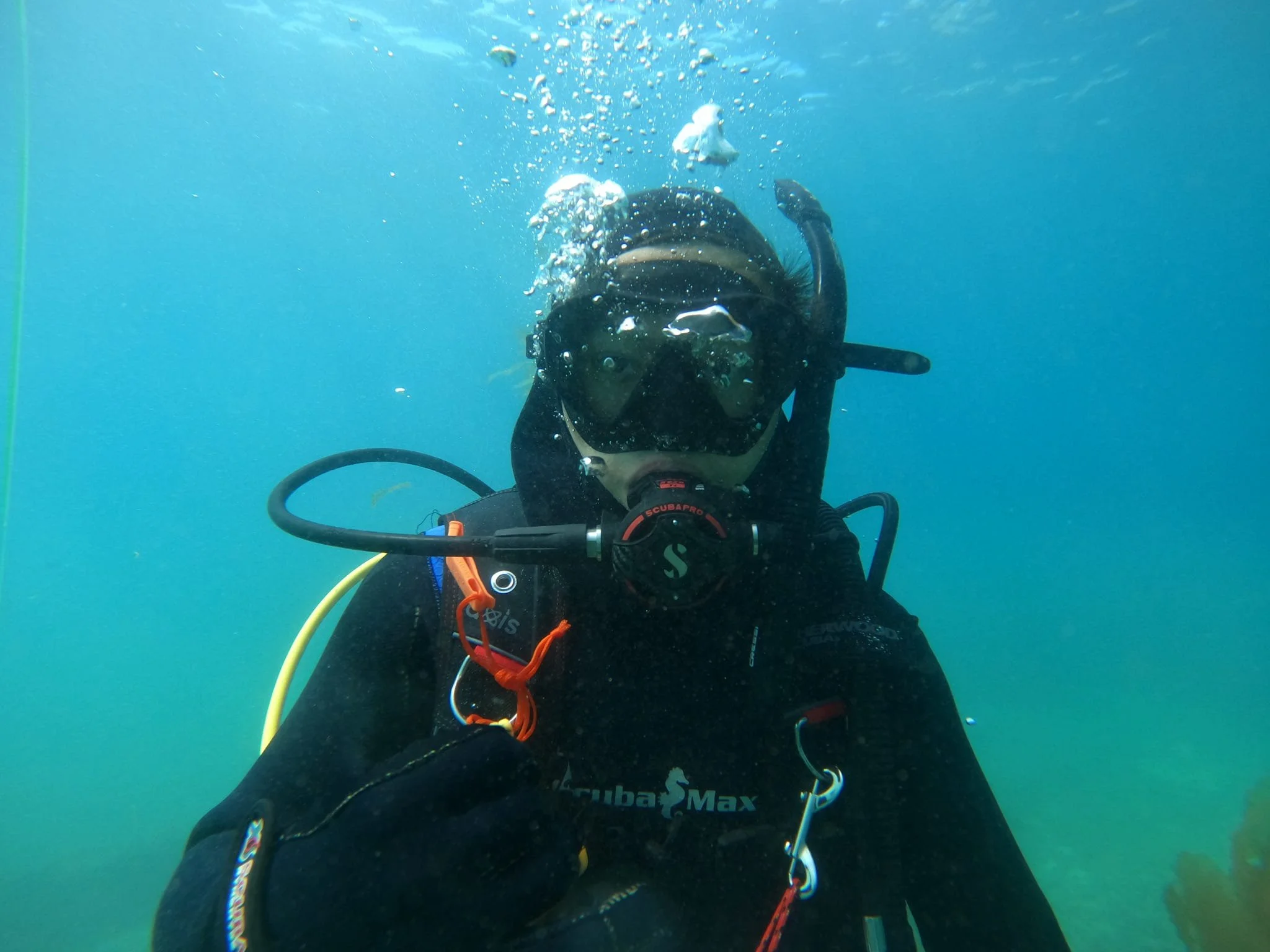 A scuba diver underwater wearing a face mask, regulator, and wetsuit, with air bubbles rising to the surface.
