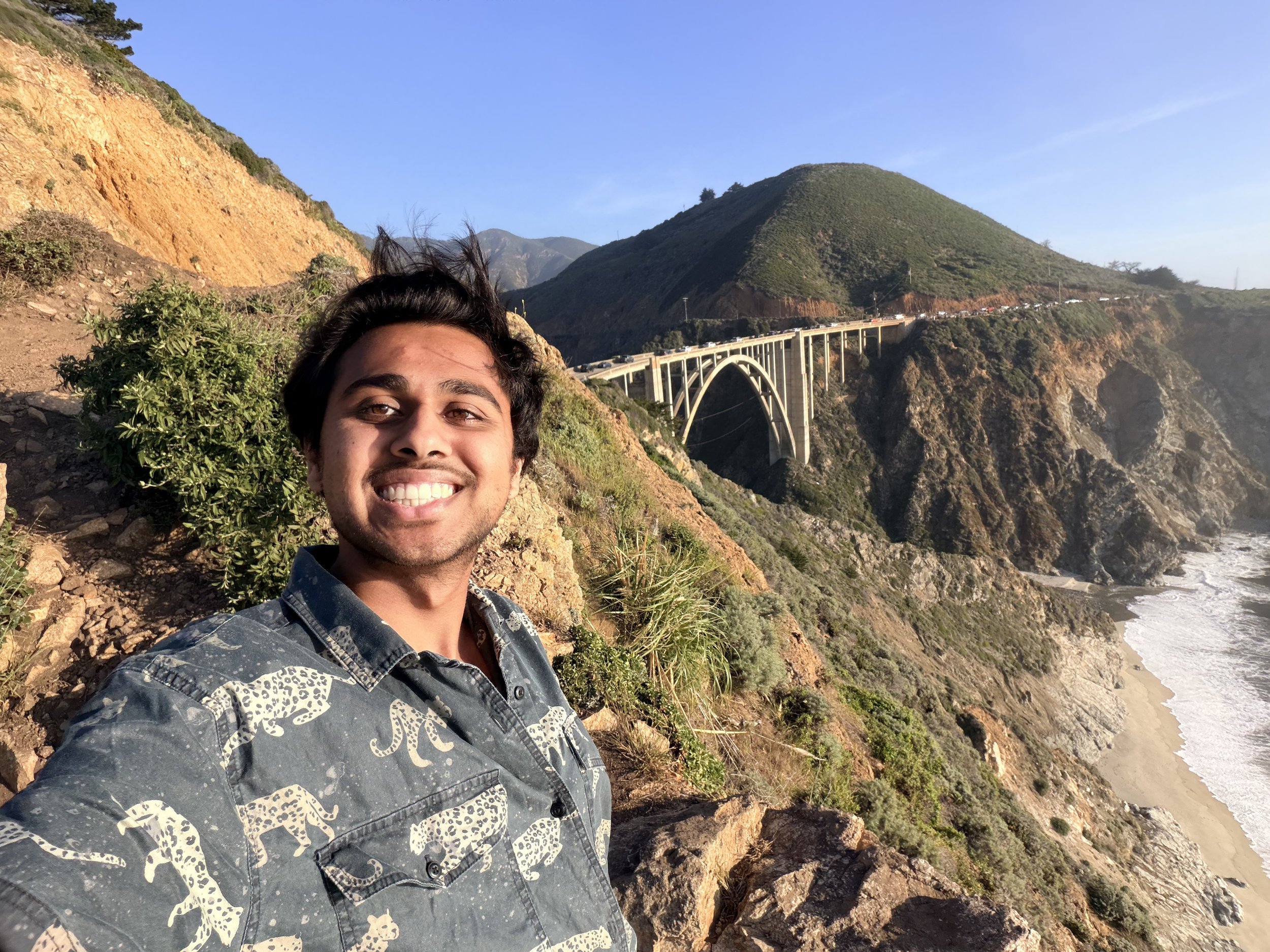 A smiling young man taking a selfie on a hillside with a view of a bridge over the ocean and green hills in the background.
