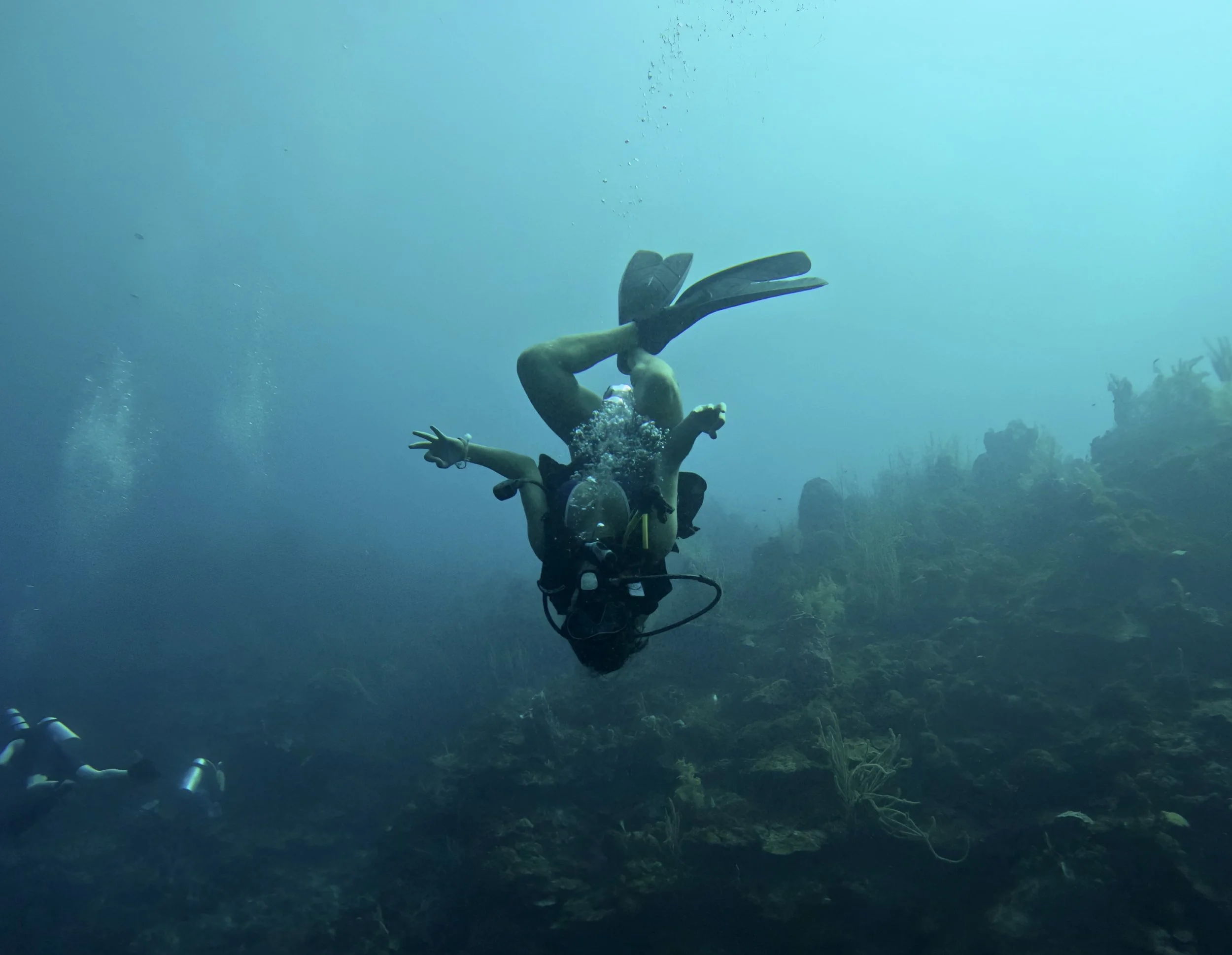 Scuba diver underwater near coral reef, with arms and legs extended, surrounded by blue water and marine life.