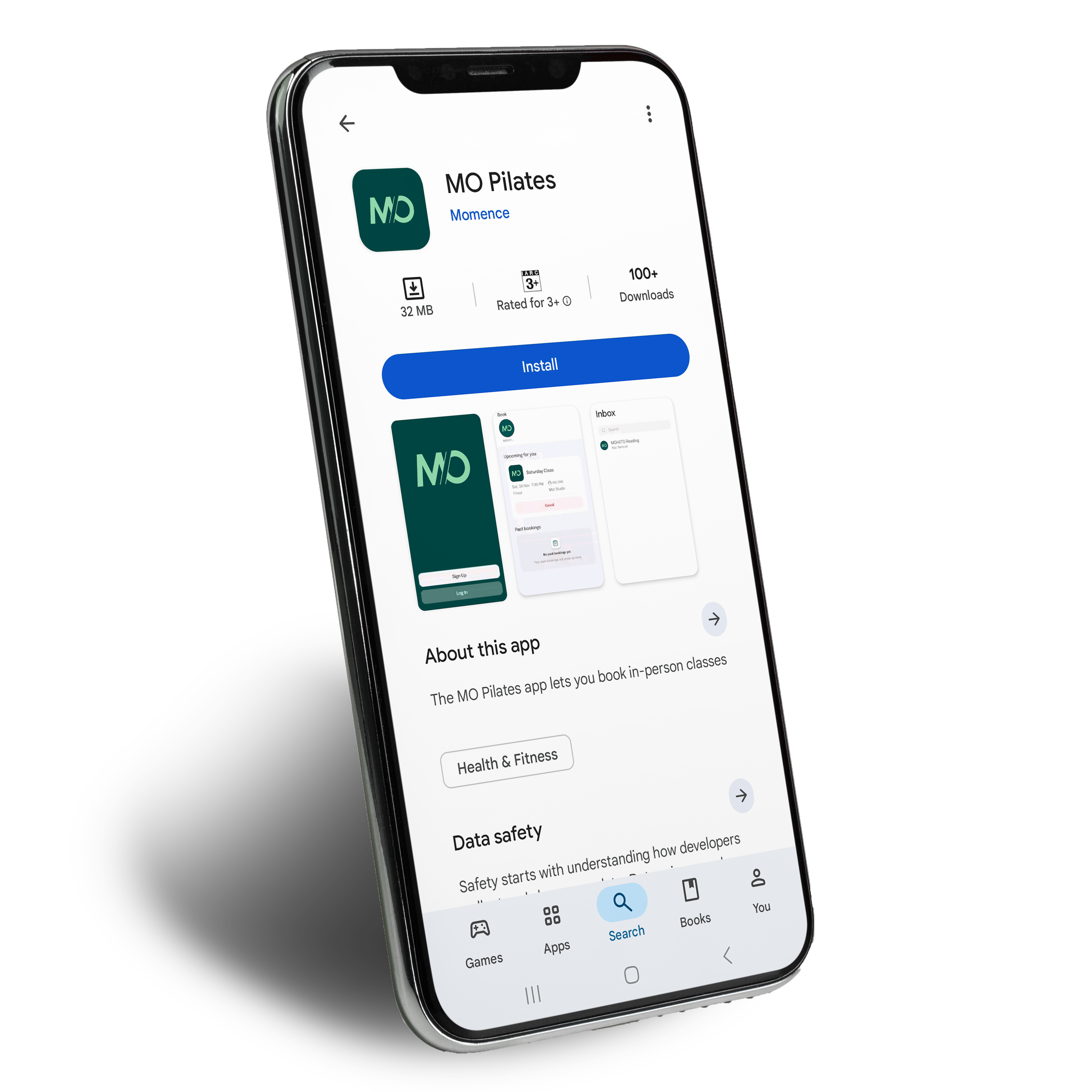 Smartphone screen displaying the Google Play Store page for the MO Pilates app, with the app icon, description, and download button visible.