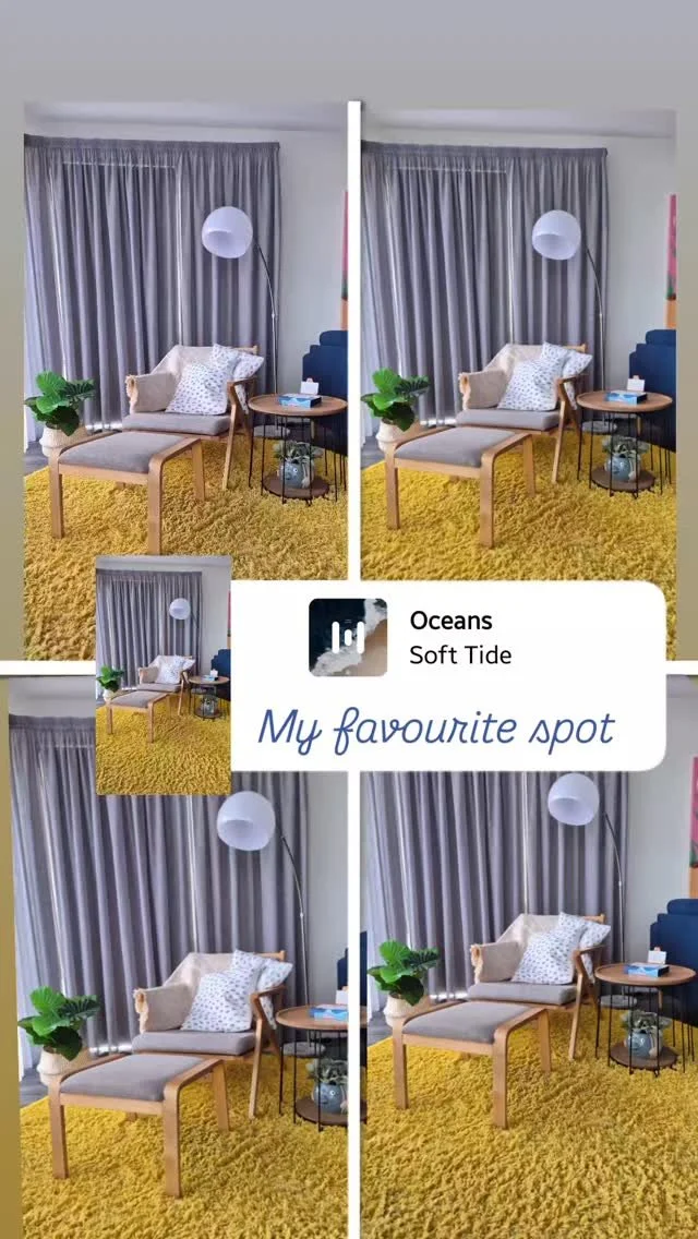 A collage of four photos showing a cozy living room corner with a beige armchair, a small wooden side table, a tall floor lamp with a white shade, a potted plant, and dark gray curtains. The area has a yellow shaggy rug and a framed photo with the caption "Oceans Soft Tide" and the text "My favourite spot."