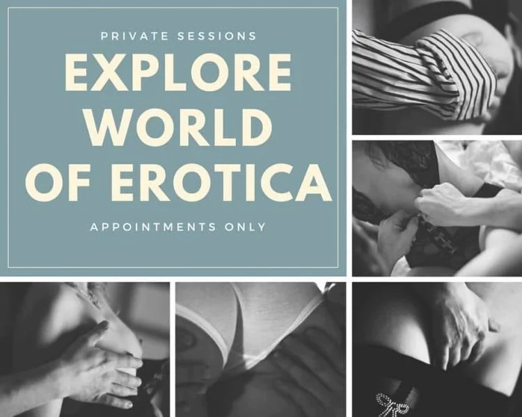 Collage of black and white images depicting intimate and sensual scenes, with text advertising private erotica sessions by appointment only.