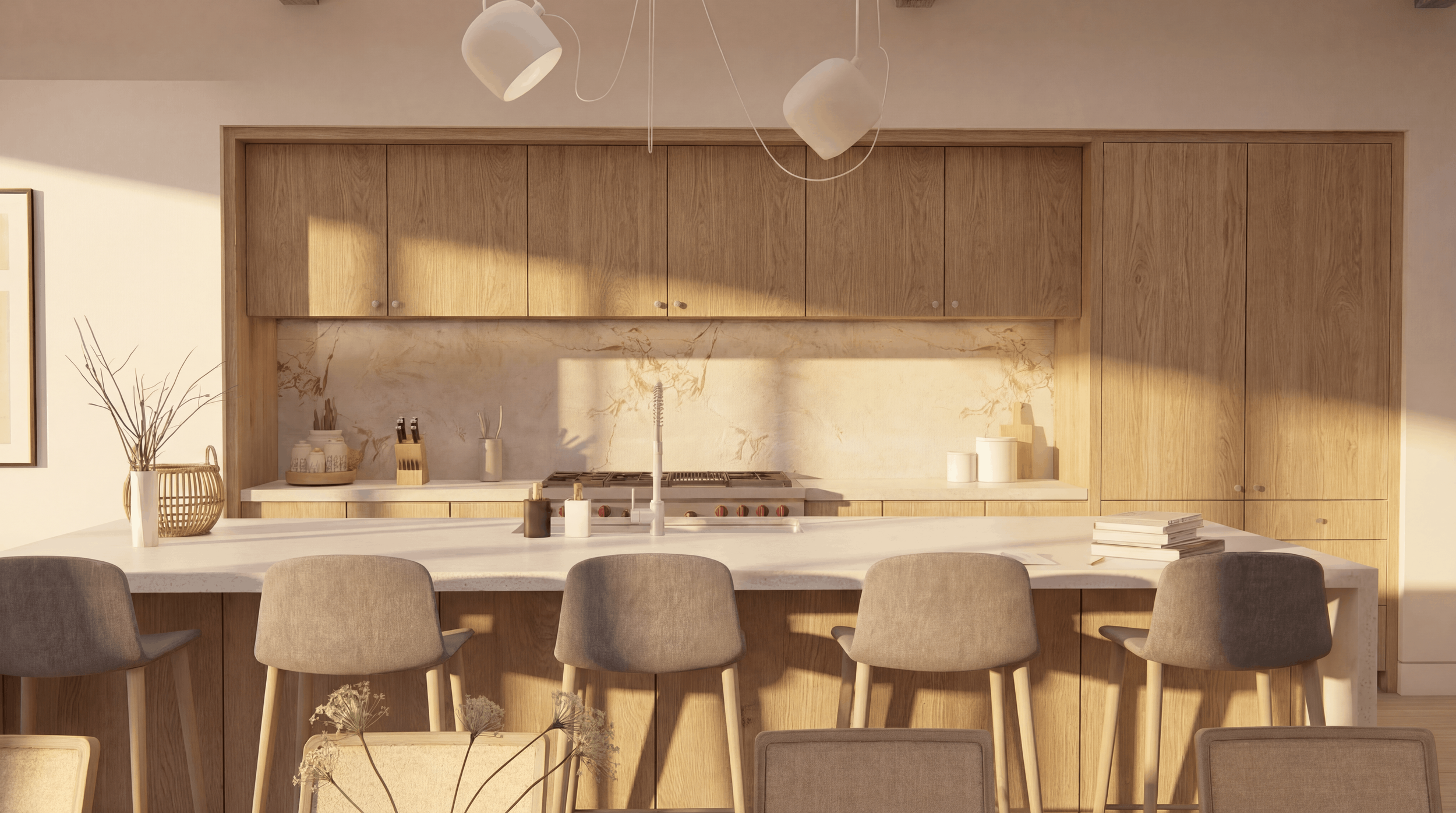 Photo realistic rendering of 607 & 609 N Granados Avenue kitchen and island
