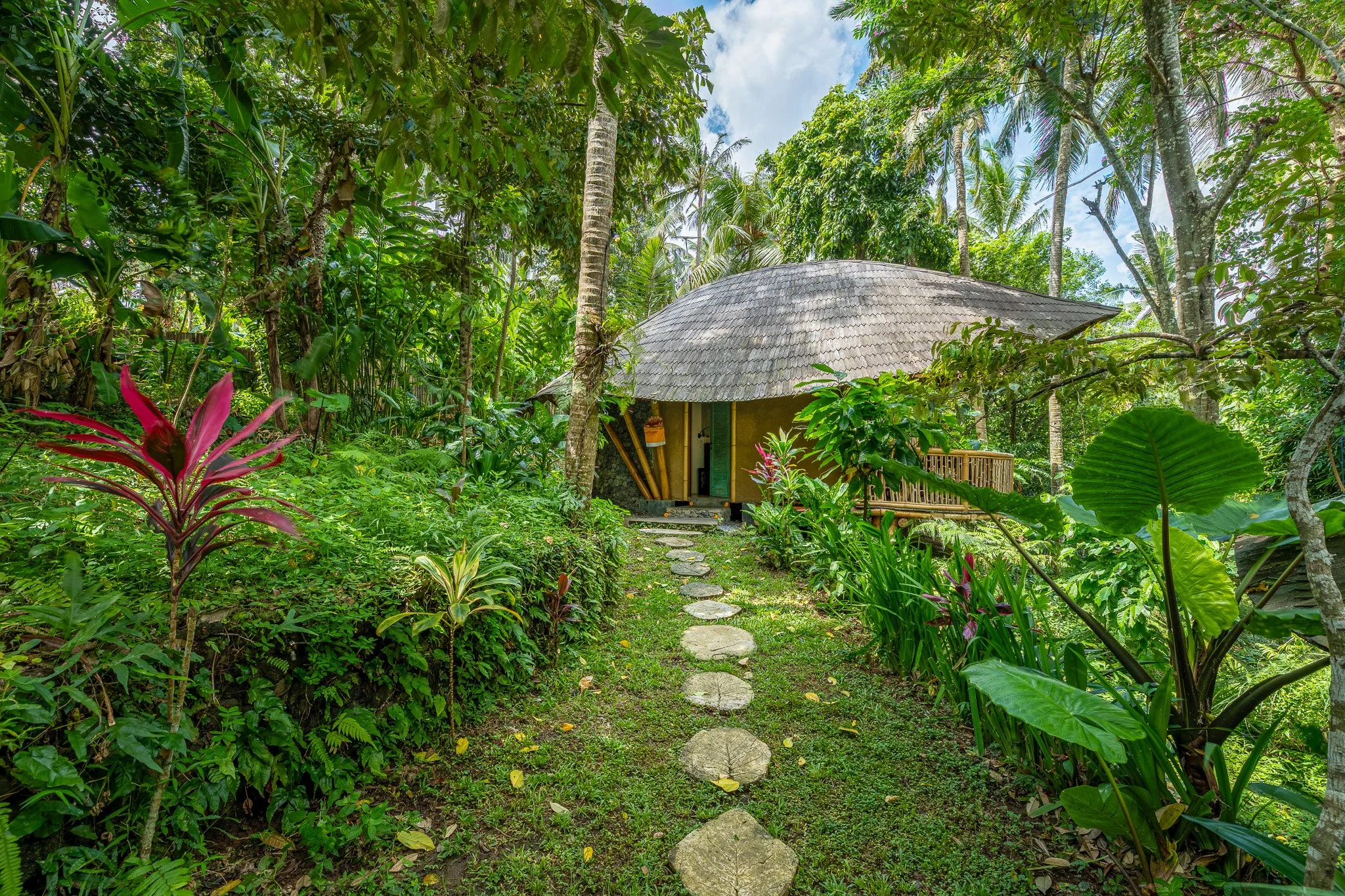 A lush tropical garden pathway leading to a small thatched-roof hut, surrounded by vibrant green plants, trees, and foliage.