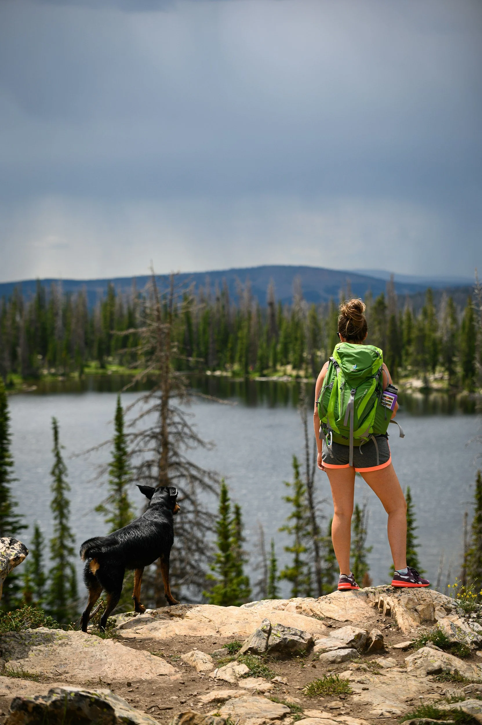 A woman with a green backpack and black shorts hiking on rocky terrain near a lake with a dog. She is looking at the water, with trees and mountains in the background and a cloudy sky.