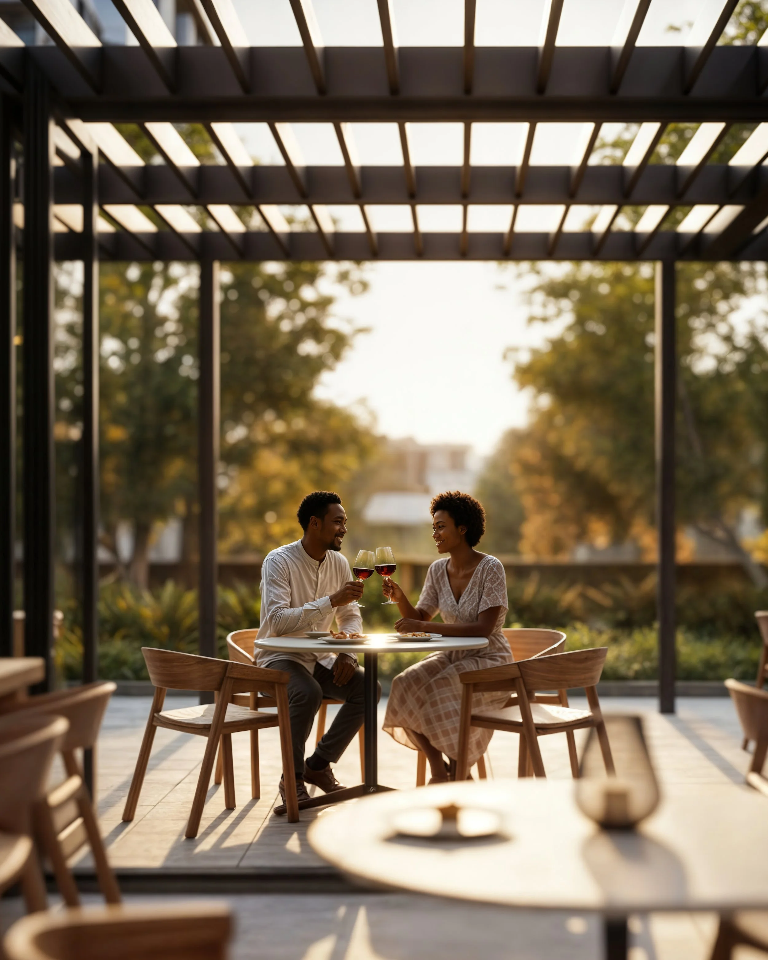 A man and woman sitting at a round outdoor table, clinking glasses of red wine, with a blurred background of trees and a cozy house, taken during sunset.
