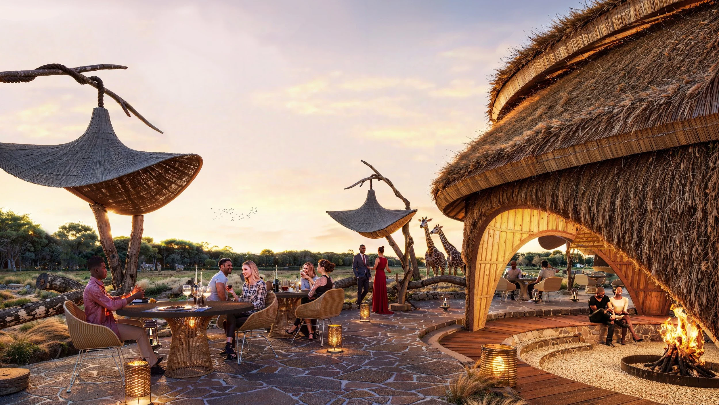 People dining at an outdoor safari-themed restaurant during sunset with giraffes and thatched structures in the background.