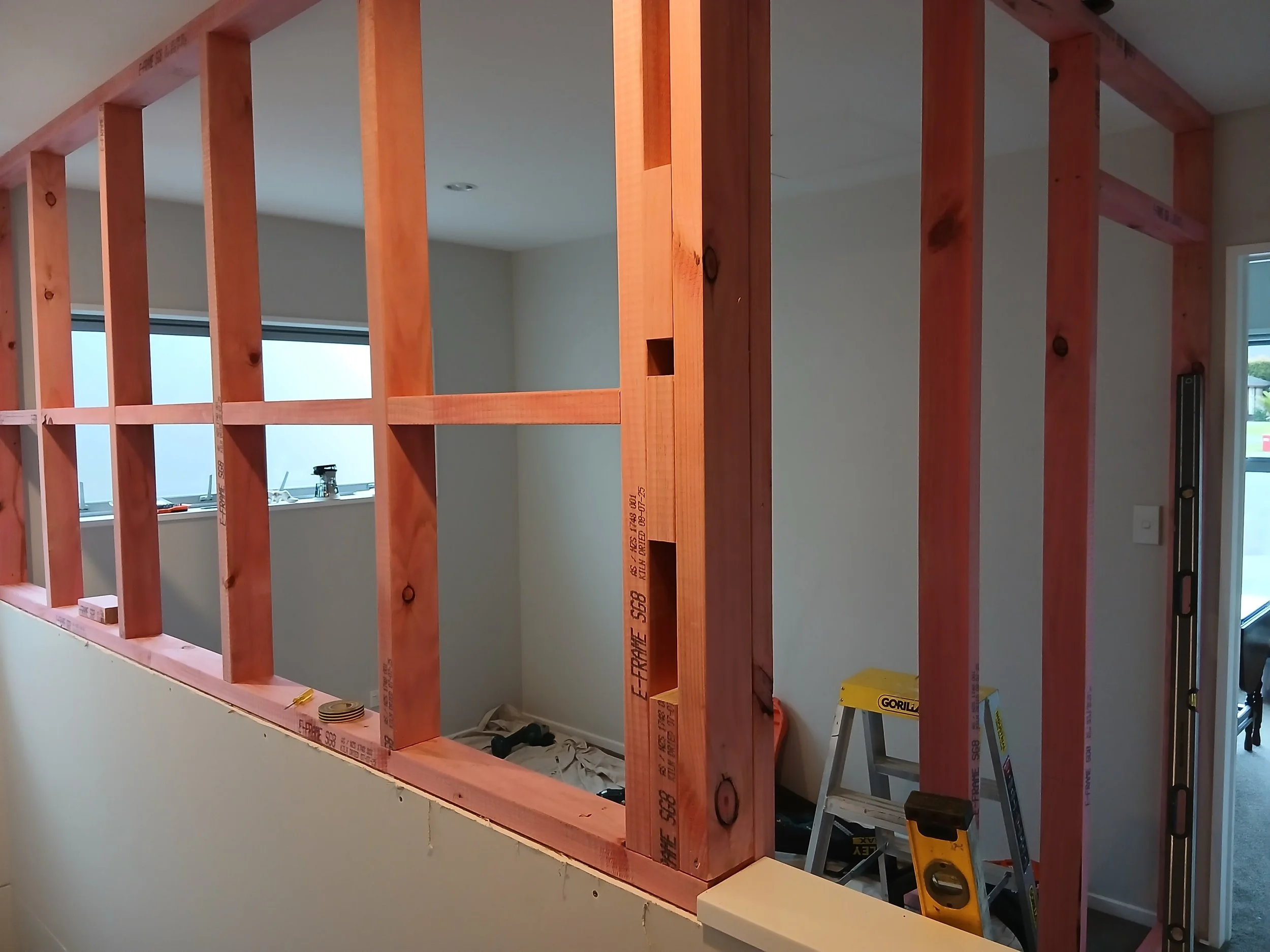 Wall framing built so wall linings can to be installed.