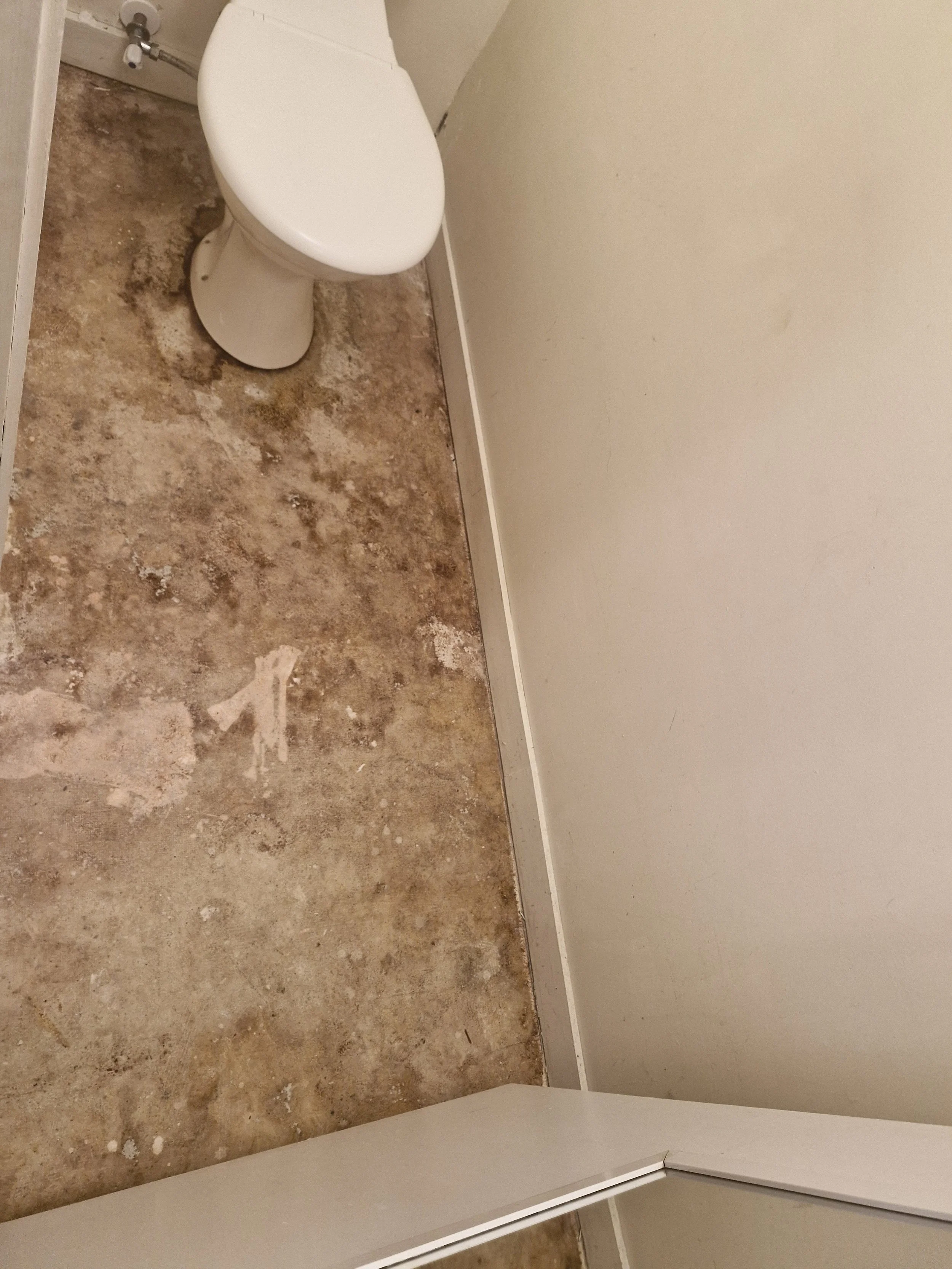 A corner of a bathroom with a white toilet and beige walls, with the floor appearing to be under renovation or in need of cleaning.