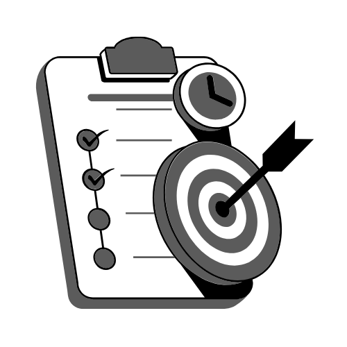 Clipboard with checklist, clock, and target with an arrow in the bullseye, symbolizing excellent planning, time management, and goal setting.