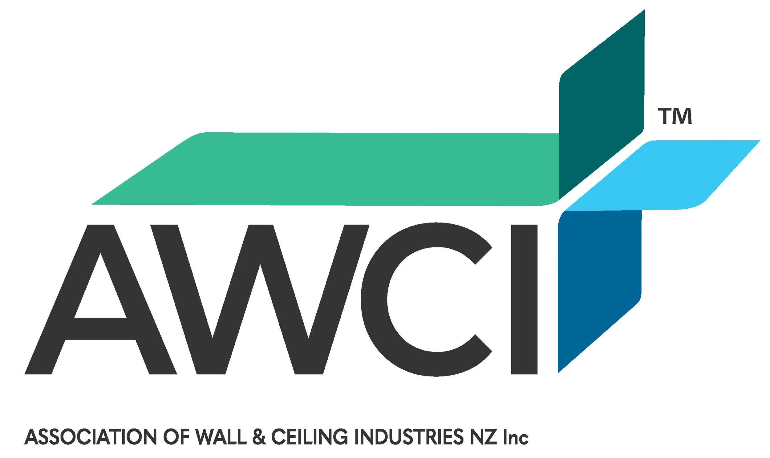 The logo of the Association of Wall & Ceiling Industries NZ Inc featuring stylized shapes and the acronym AWCI.