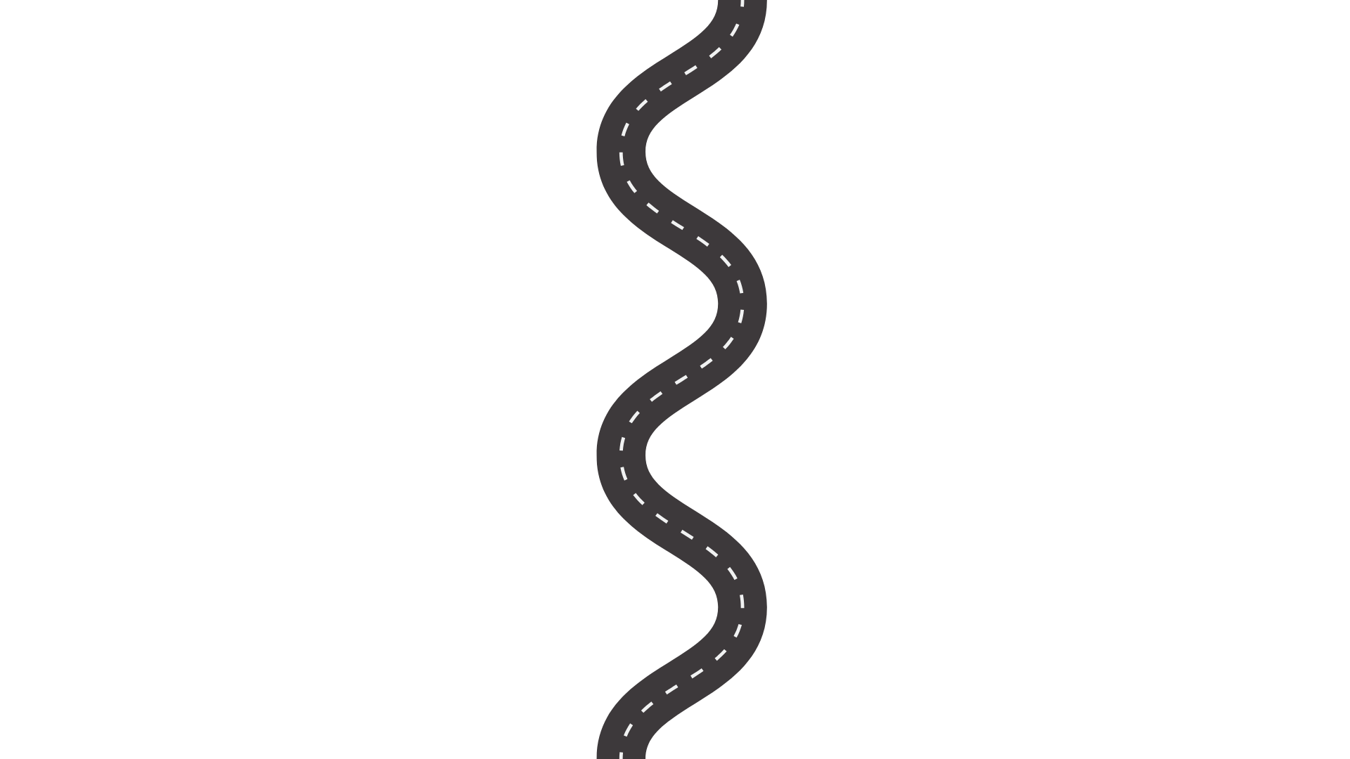 Curvy road with dashed white lines in the center, surrounded by black landscape - symbolizing a timeline or journey