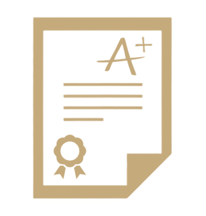 A certificate or report card with an A+ grade at the top, three horizontal lines representing text, a circular seal or ribbon near the bottom, all on a black background.