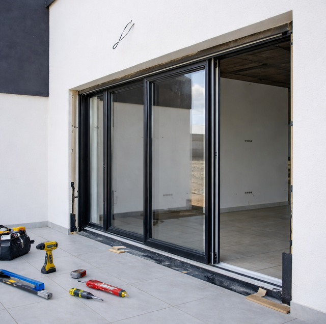 Portland contractor inspecting sliding door frame with level