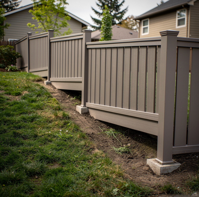 Wooden fence panels stepping down a grassy slope
