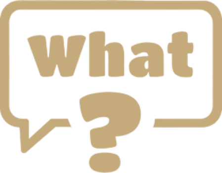 A speech bubble with the words "What?" and a question mark.