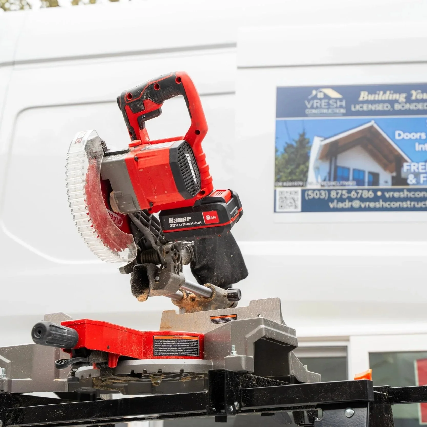 Construction tools including miter saw on job site, symbolizing renovation work needed when kitchen issues go beyond cosmetic updates to structural or system problems.