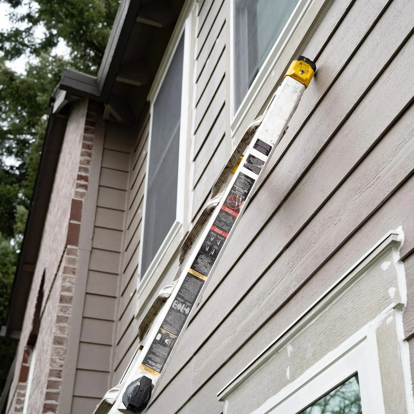 Extension ladder leaning against residential siding for exterior painting preparation and rain-resistant coating work on Portland home exterior.