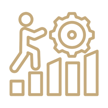 A stick figure walking up ascending bar graph bars towards a gear icon, symbolizing progress or effort leading to a goal or technology.