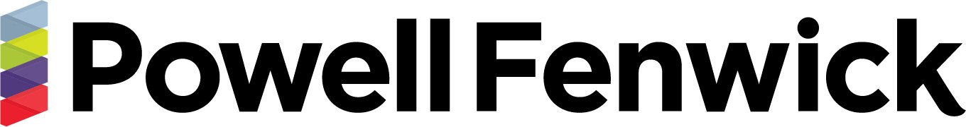 Powell Fenwick logo with black text and colorful geometric shapes on the left