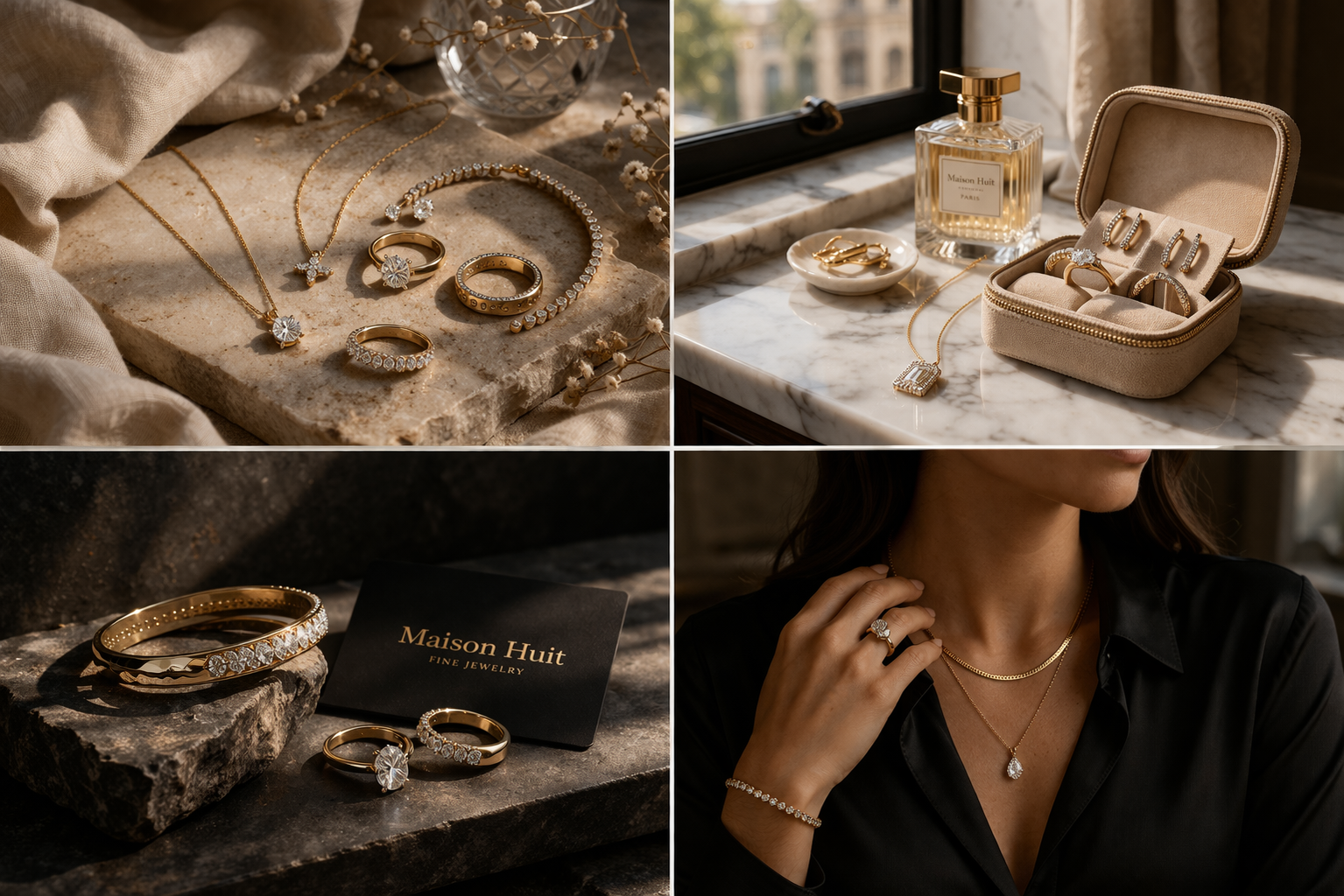 Jewelry including necklaces, rings, earrings, and bracelets displayed on various surfaces, with some in a jewelry box and one on a woman's hand and neck.