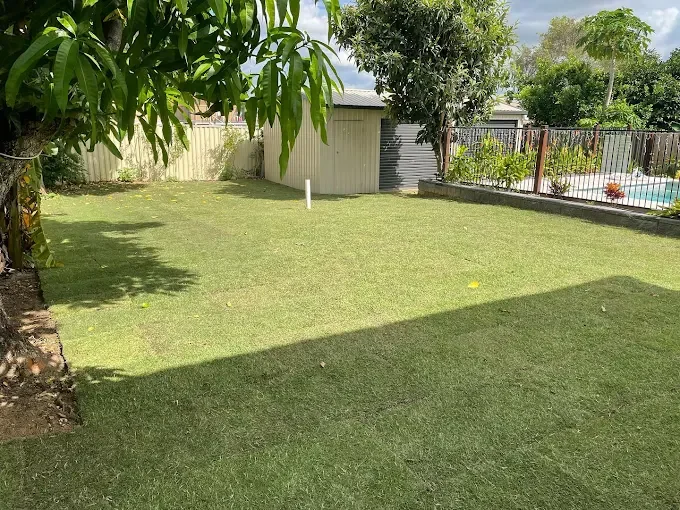 A backyard with a green lawn, a small shed, and trees, with a pool visible behind a fence on the right side.