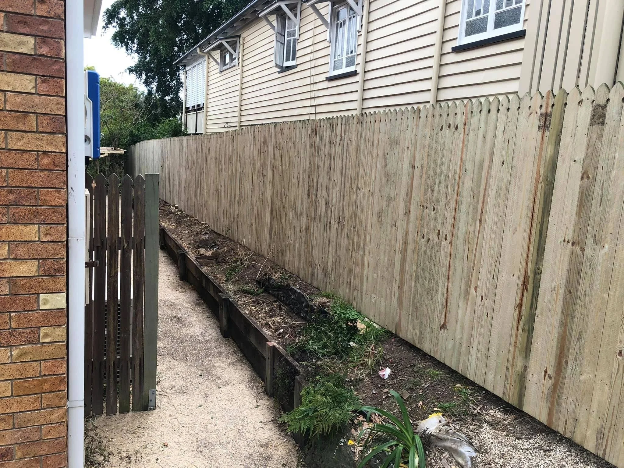 A narrow outdoor pathway between a brick building and a newly installed wooden fence, with a small gate at the left side and some plants and trash along the ground.