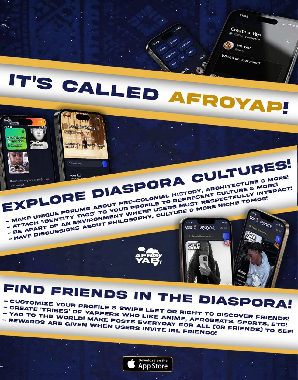 Promotional flyer for the app AfroYap, showcasing features like exploring diaspora cultures, finding friends, customizing profiles, creating tribes, and earning rewards. The flyer has multiple smartphone screens and text describing the app's functions.