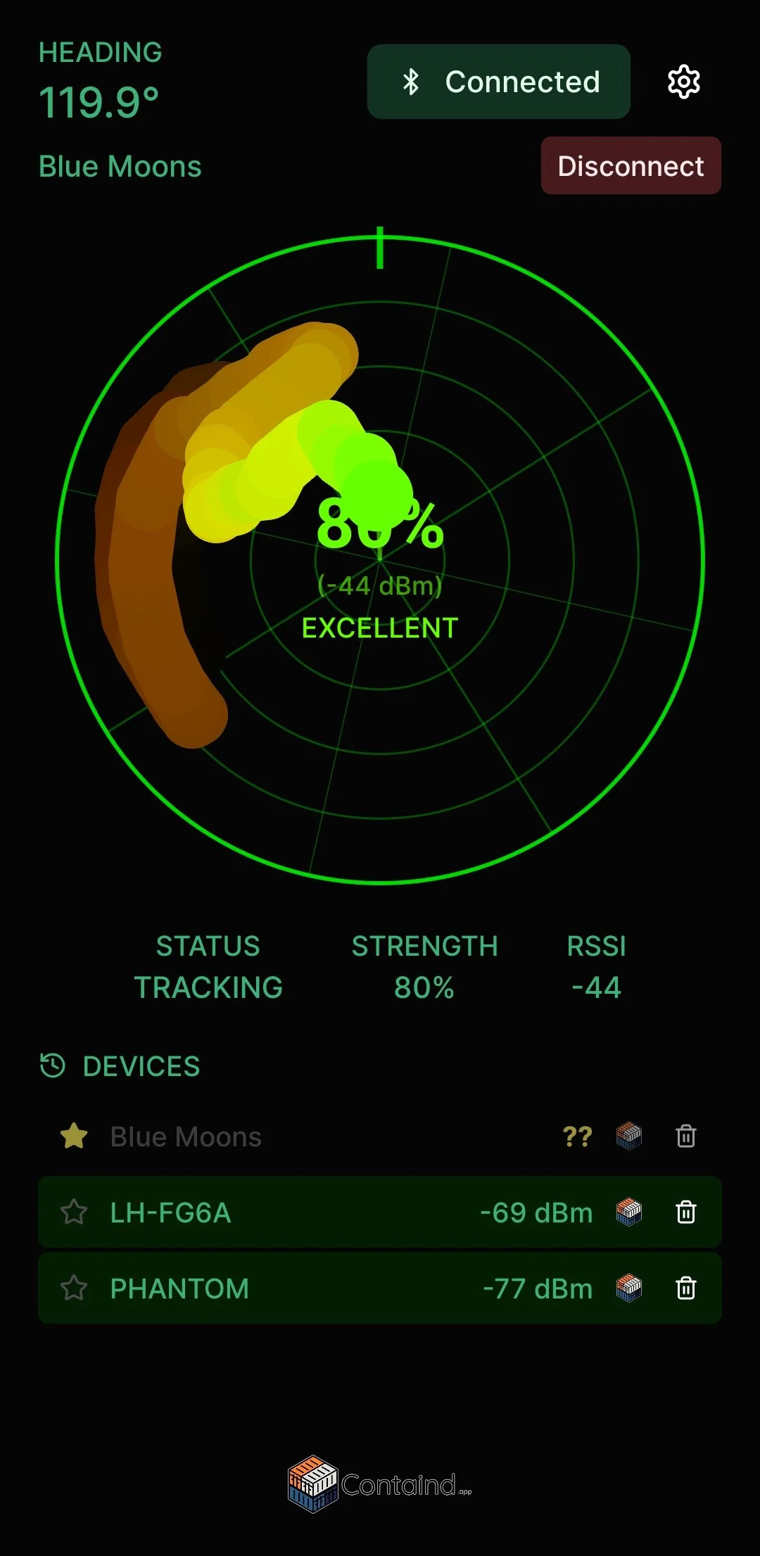 Beacon Scout mobile app screenshot. A trail of a scanned item on the radar like screen with the user turning while the item is coming closer. Thicher Trail set.