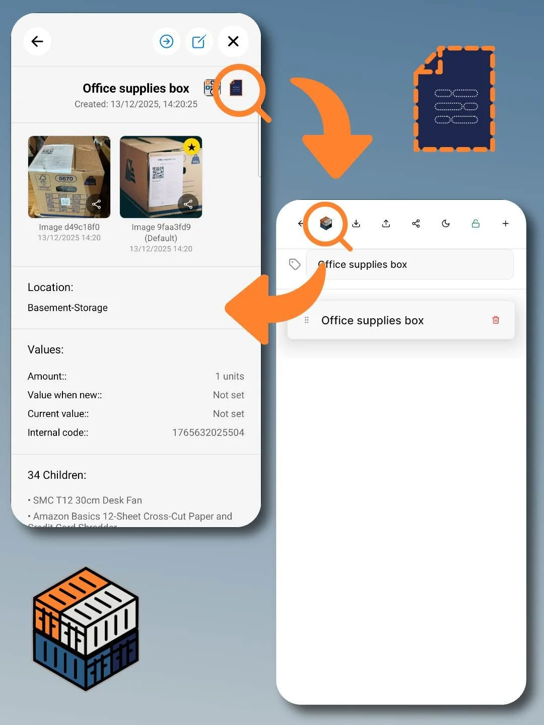 Illustration how the Containd App data and Simple Hidden Note app can work together. Illustrating how they work expand each others capabilities.