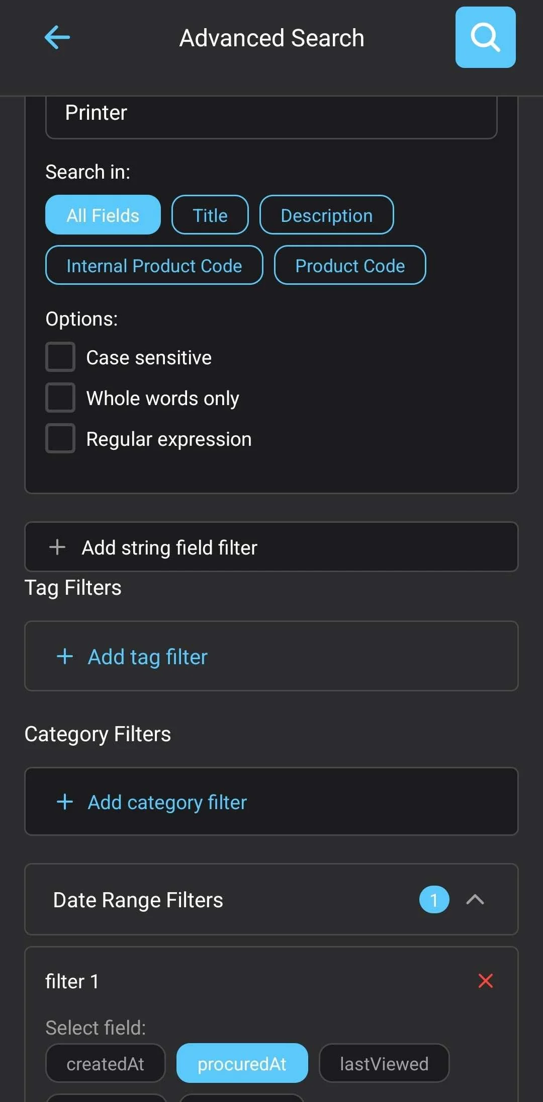 Screenshot der Suchfunktion der Containd-App mit erweiterten Filteroptionen.