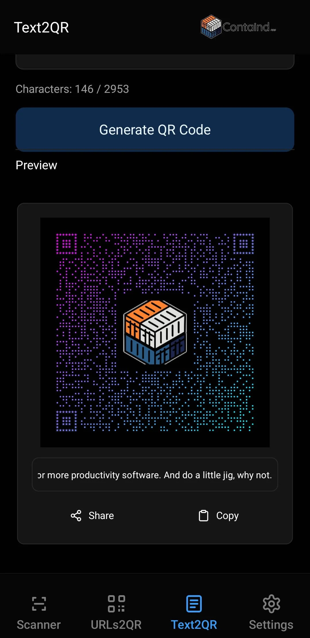 A screenshot of the mobile URLs2QR app of the QR generating part, showing a fully customized QR including custom icon.