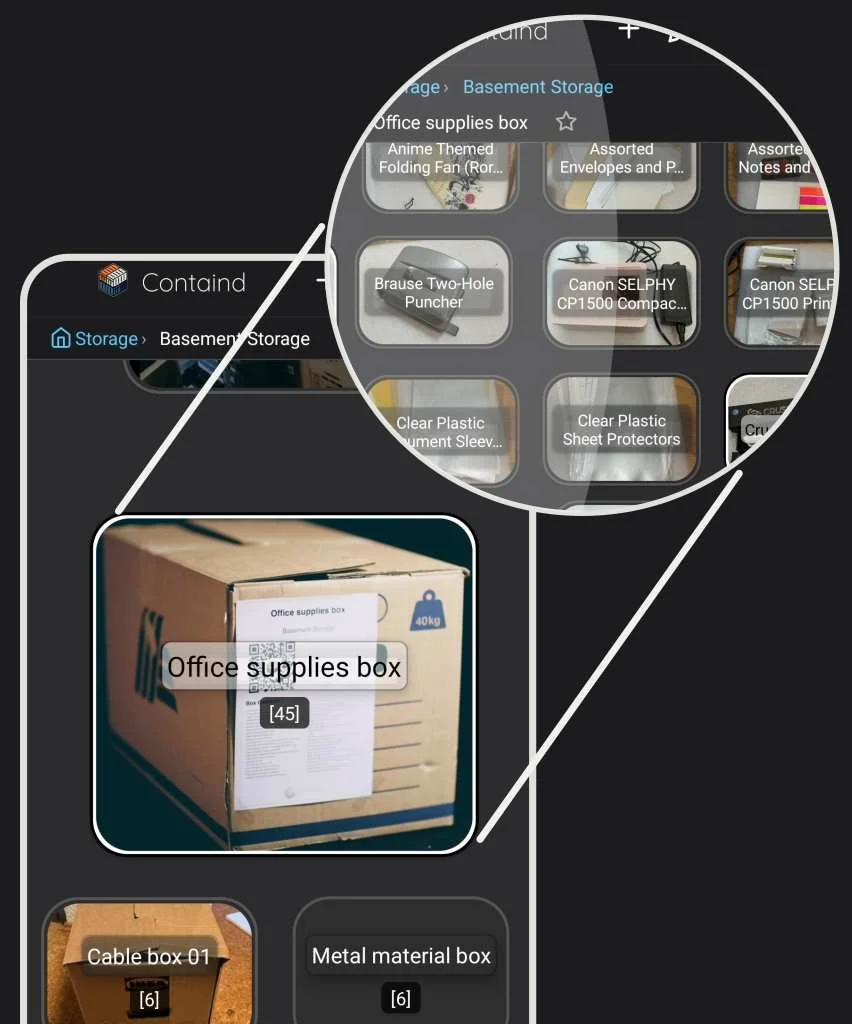 Illustration: Jeder Gegenstand auf einer Leinwand in der Containd-App kann selbst als Behälter dienen, in dem beliebig viele weitere Objekte auf einer neuen Ebene organisiert werden können.