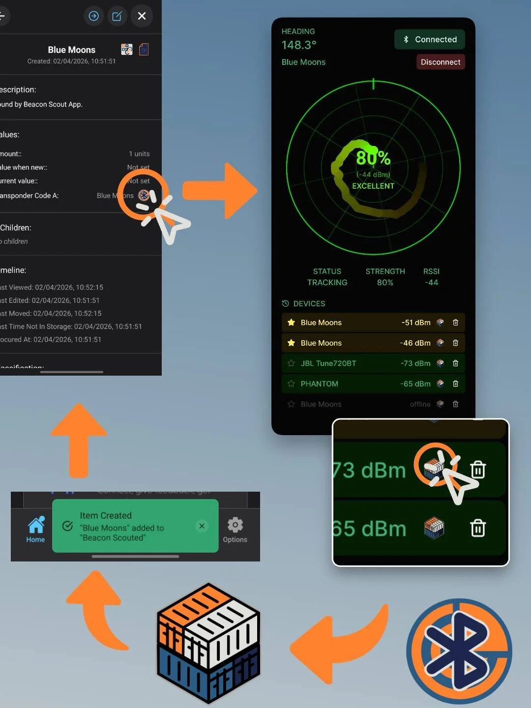 Flowchart illustrating the process of using a Bluetooth beacon app "Beacon Scout" to track a device where the device data can be sent from and to the Containd App.