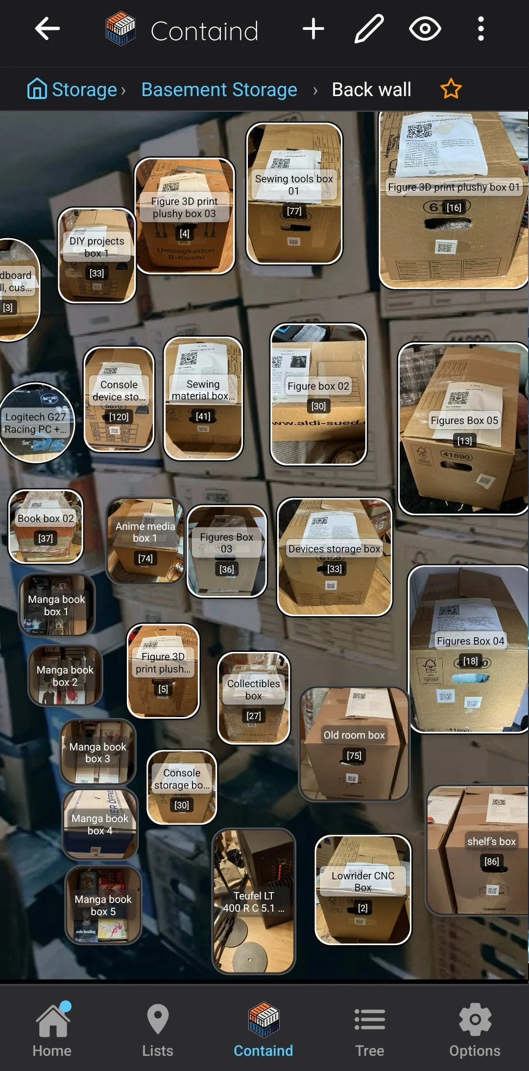 Boxes in Storage with mapping to photo in background in Containd.