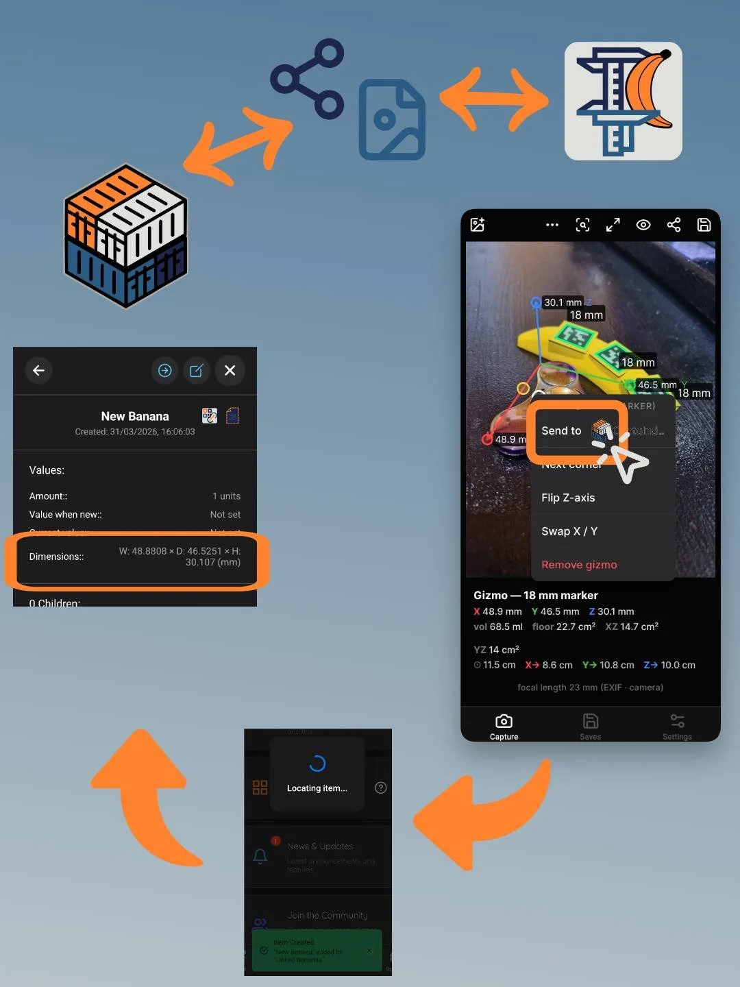 Illustration of interaction between Containd App and Banana Scale app. Sending images via sharing back and forth or item data.