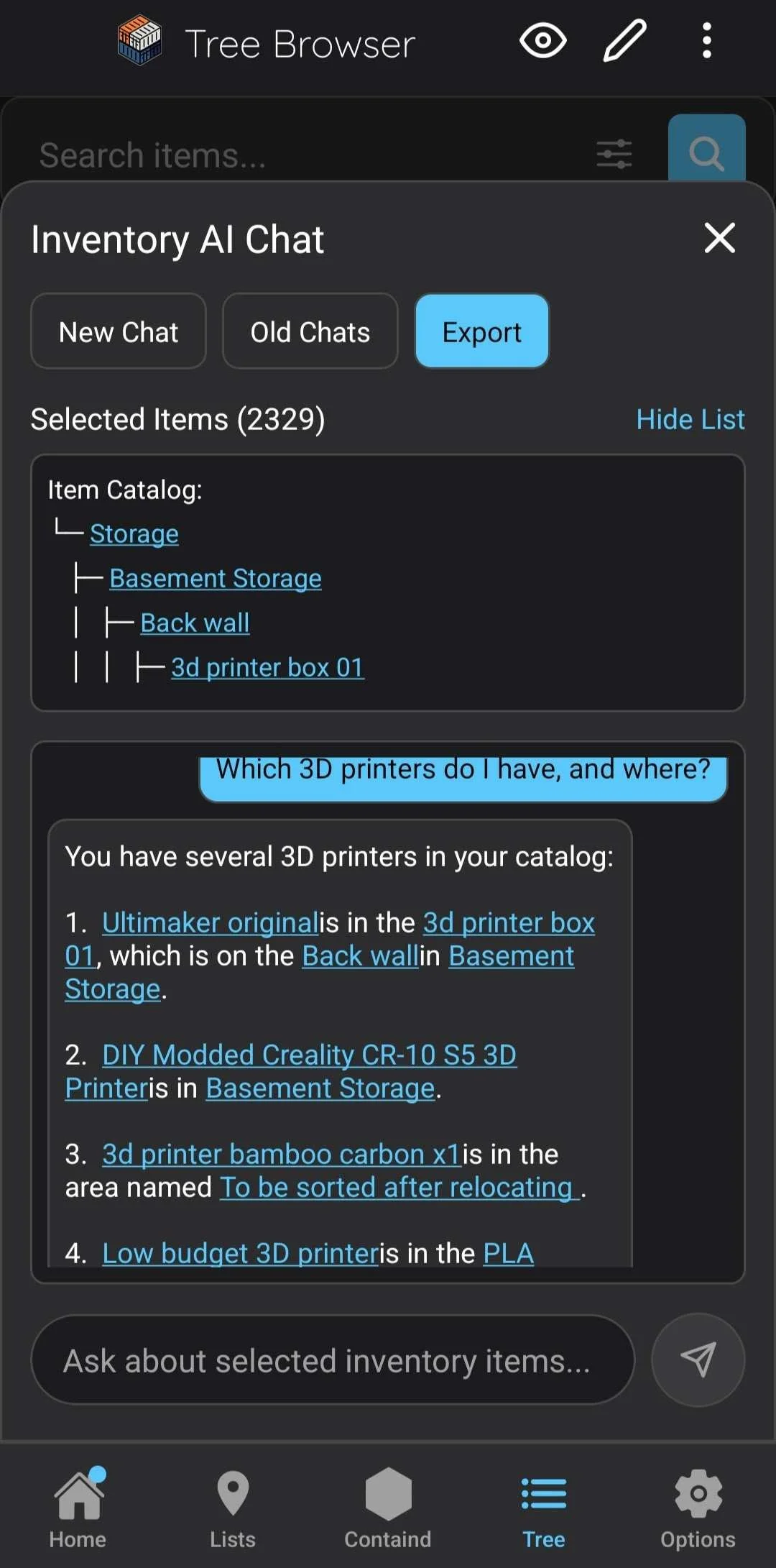 Screenshot einer KI-Chat-Anfrage: Die KI findet Gegenstände allein anhand der Beschreibung, ohne den exakten Objekttitel zu kennen.