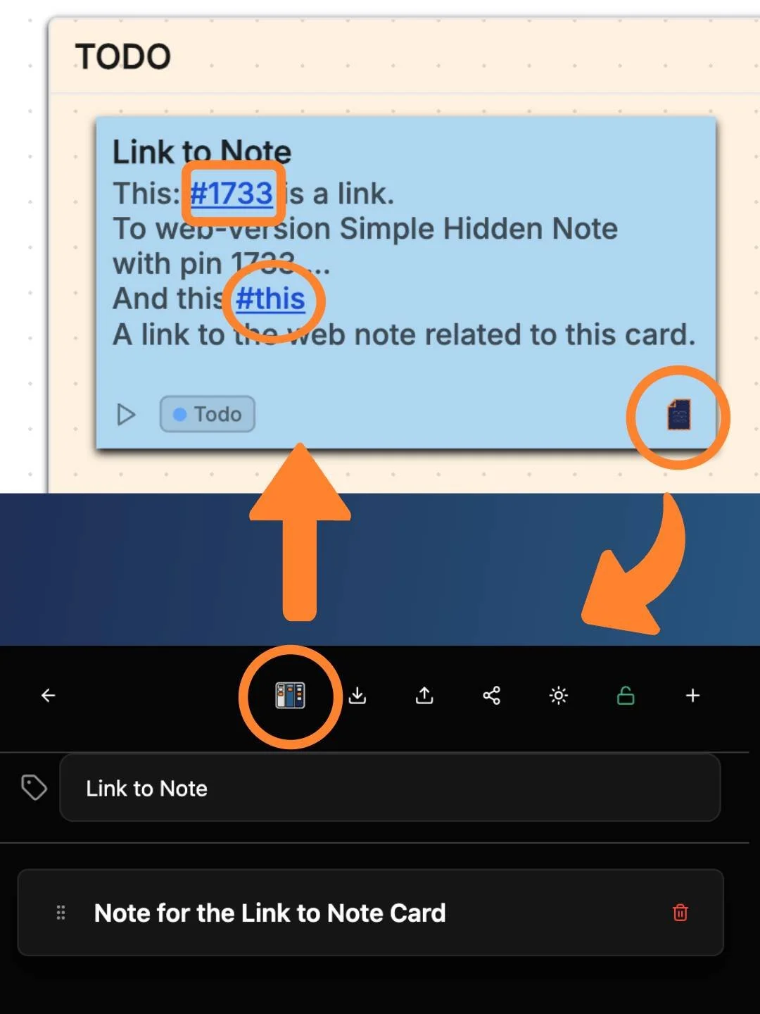 Screenshot of a digital note with a blue overlay titled 'Link to Note', showing clickable text '#1733' and '#this'.
Illustrating how the Kanban. Containd web app and the Simple Hidden Note web app work interconnected.